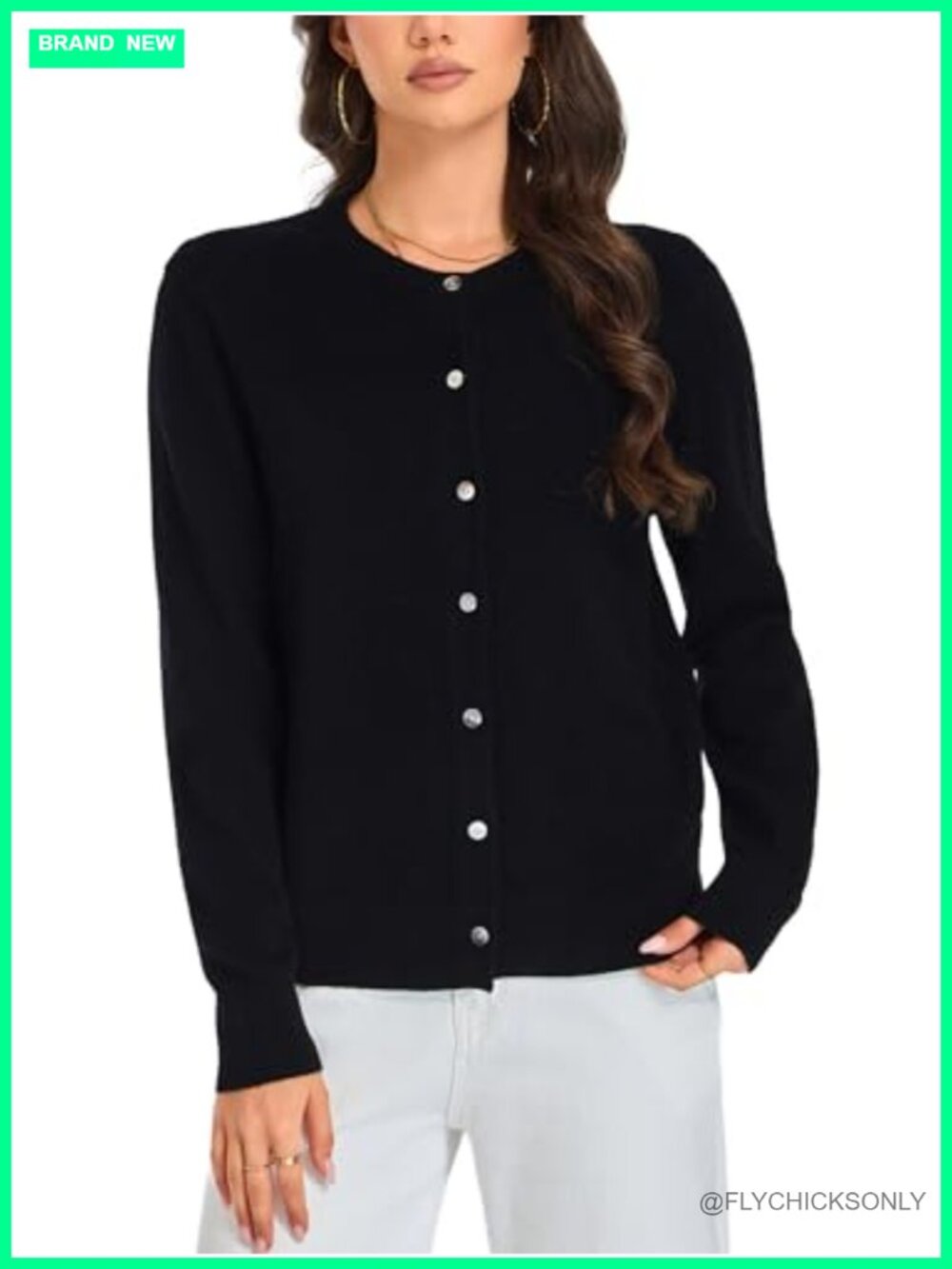 100% Merino Wool Cardigan Crew Neck Shell Button Sweater
